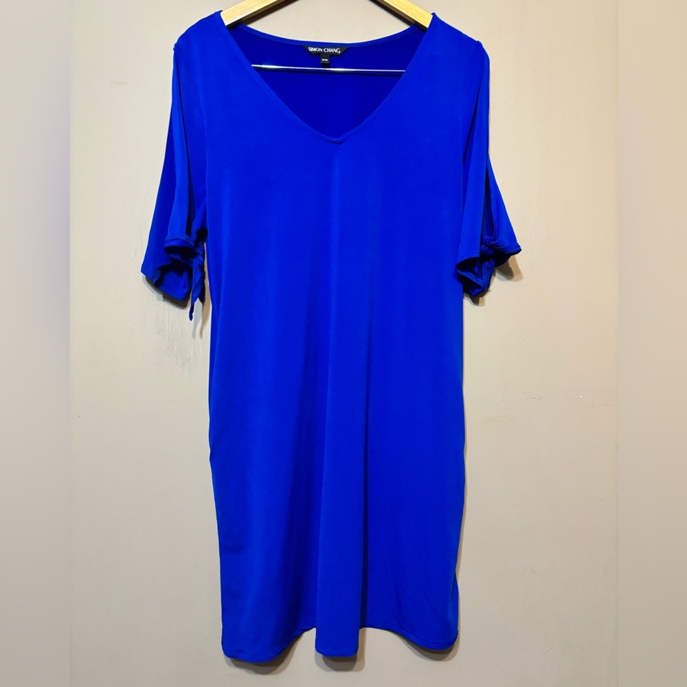 SIMON CHANG Vibrant Blue Flowy V-Neck Dress, Arm Cut-Outs